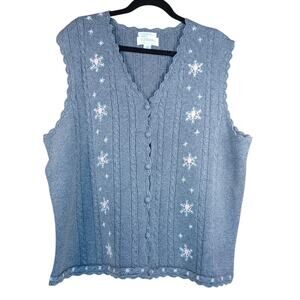 Vintage Y2K Hand Embroidered Snowflake & Hearts Gray Knit Sweater Vest Size 2X
